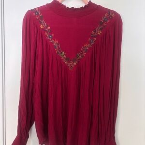 Hailey & Co. Embroidered High-Neck Burgundy Blouse - 1XL